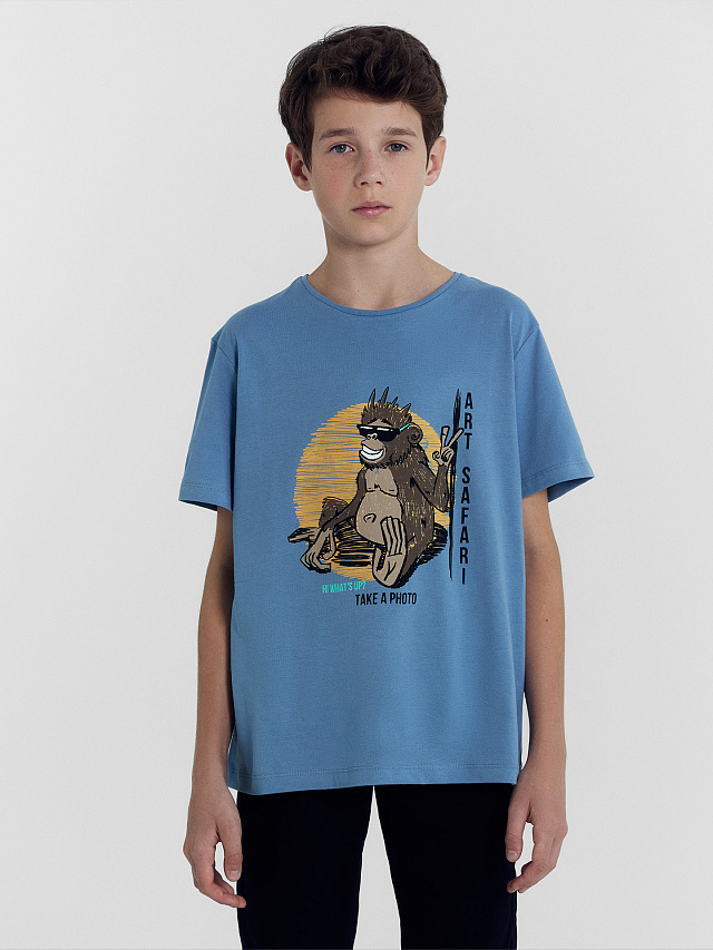 Футболка для мальчиков туманно-голубая с печатью