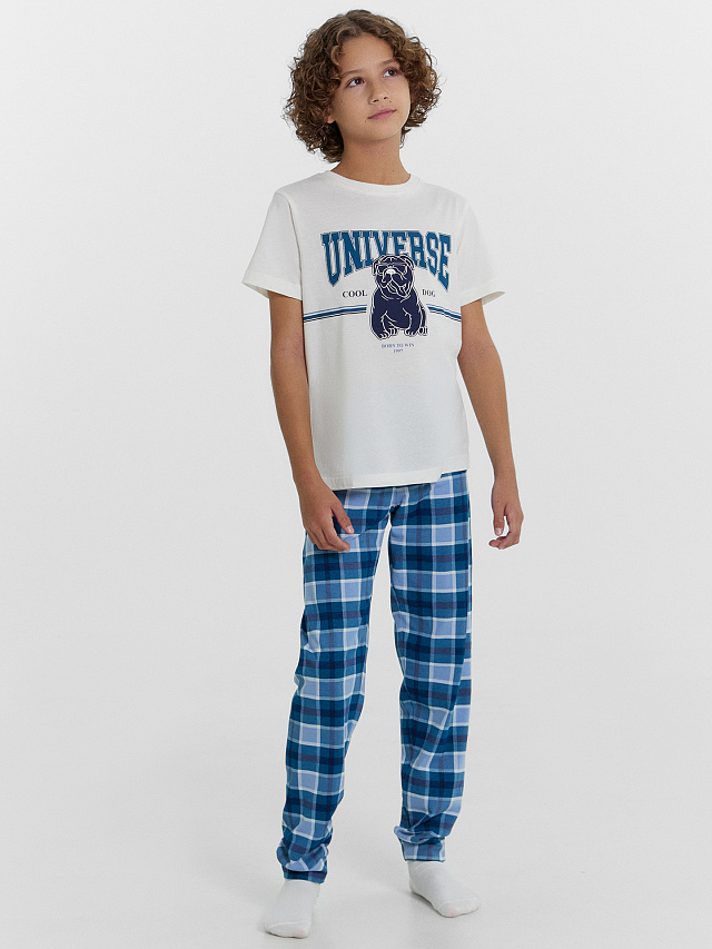 Комплект для мальчиков (футболка, брюки) светло-молочный в бирюзовую клетку