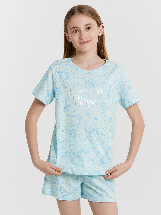 Комплект домашний для девочек голубой с единорогами