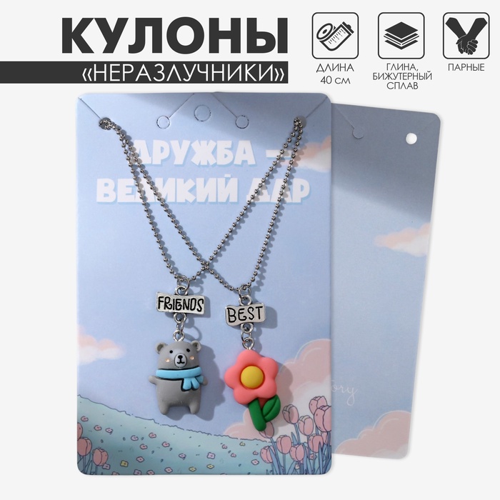 Кулоны парные «Медведь и цветок», 40 см, цветные в серебре