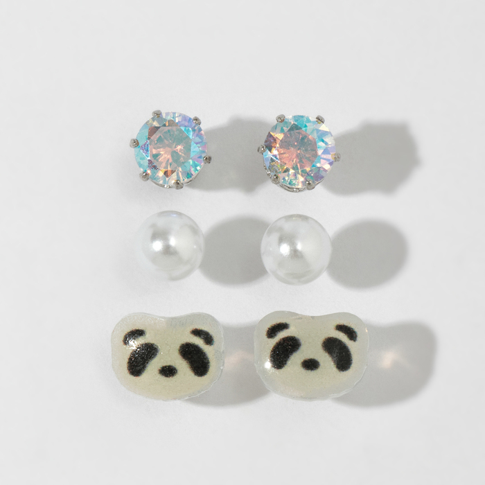 Серьги пусеты QF «Летние истории», 3 пары, панда, цвет чёрно-белый в серебре