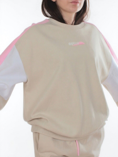 3160/3161 BEIGE/PINK Костюм спортивный женский (95% хлопок, 5% эластан)