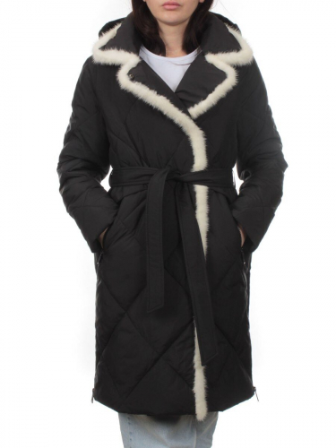 309 BLACK/WHITE Пальто зимнее стеганое женское (200 гр. холлофайбер, натуральная норка)