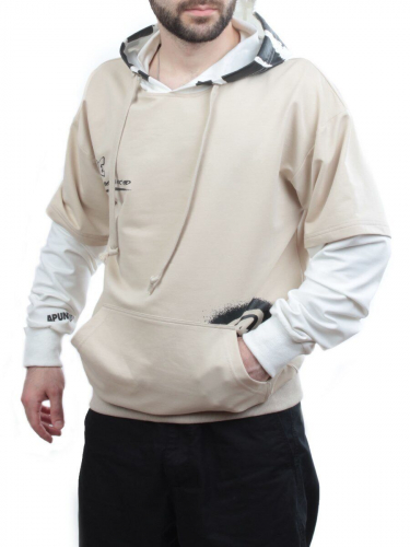 2702 BEIGE/WHITE Толстовка мужская (75% хлопок, 20% полиэстер, 5% спандекс)