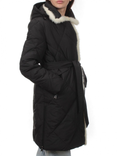 309 BLACK/WHITE Пальто зимнее стеганое женское (200 гр. холлофайбер, натуральная норка)