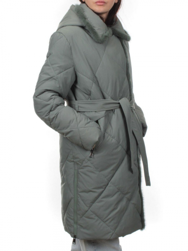 309 GRAY/GREEN Пальто зимнее стеганое женское (200 гр. холлофайбер, натуральная норка)