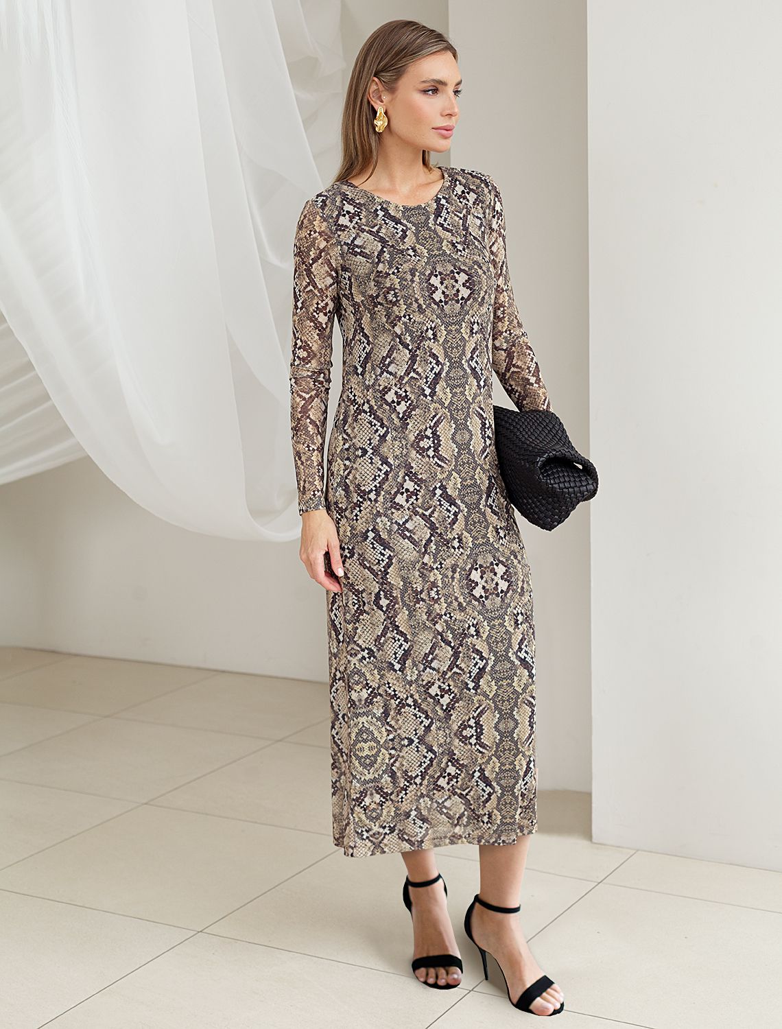 Платье из сетки с подкладкой D22.238 коричневый-бежевый змея