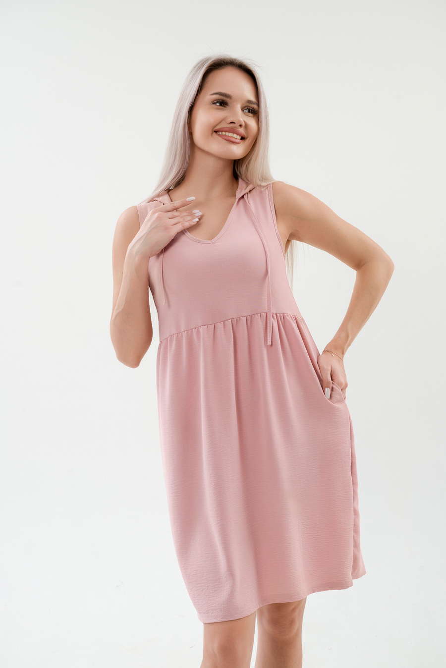 Платье с капюшоном из жатки Хлоя розовый
