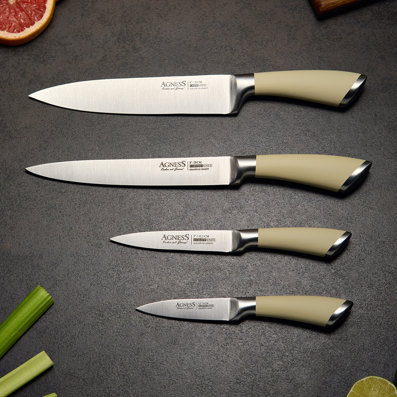 НАБОР НОЖЕЙ AGNESS 5 ПР.С МАГНИТНЫМ ДЕРЖАТЕЛЕМ И РУЧКОЙ ИЗ НЕРЖ.СТАЛИ