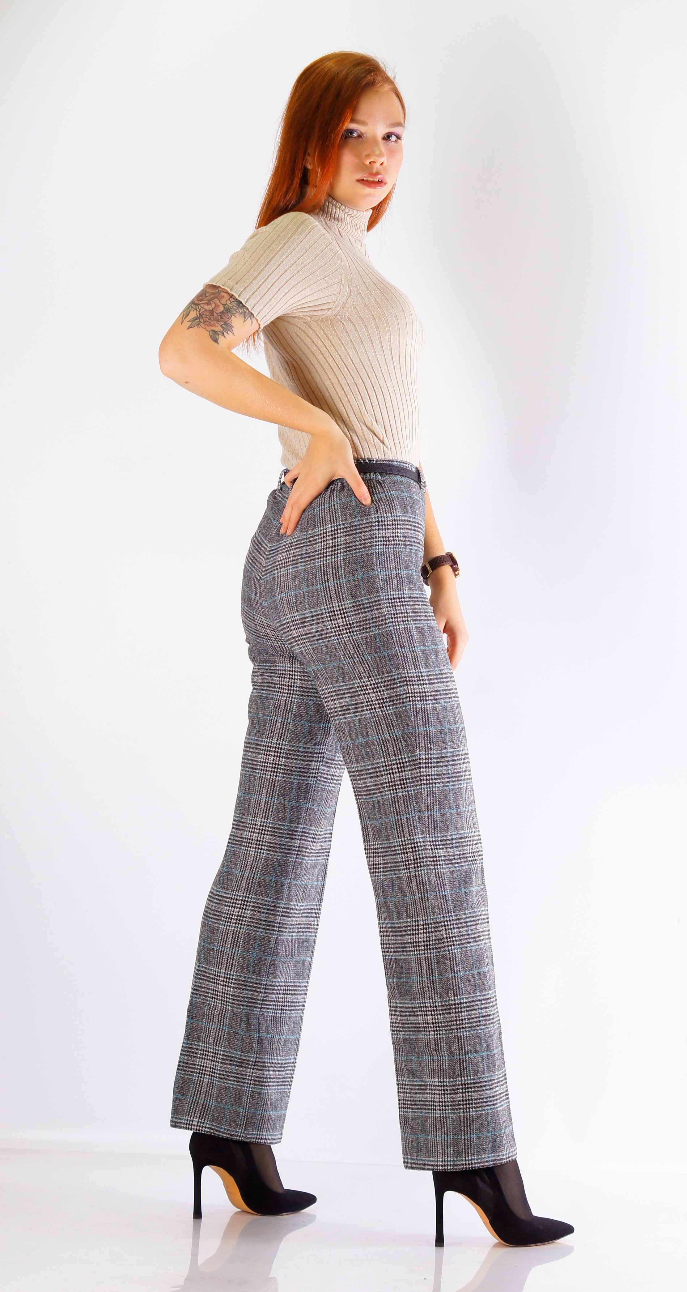 Женские брюки зима Трубы в клетку с зеленой полоской