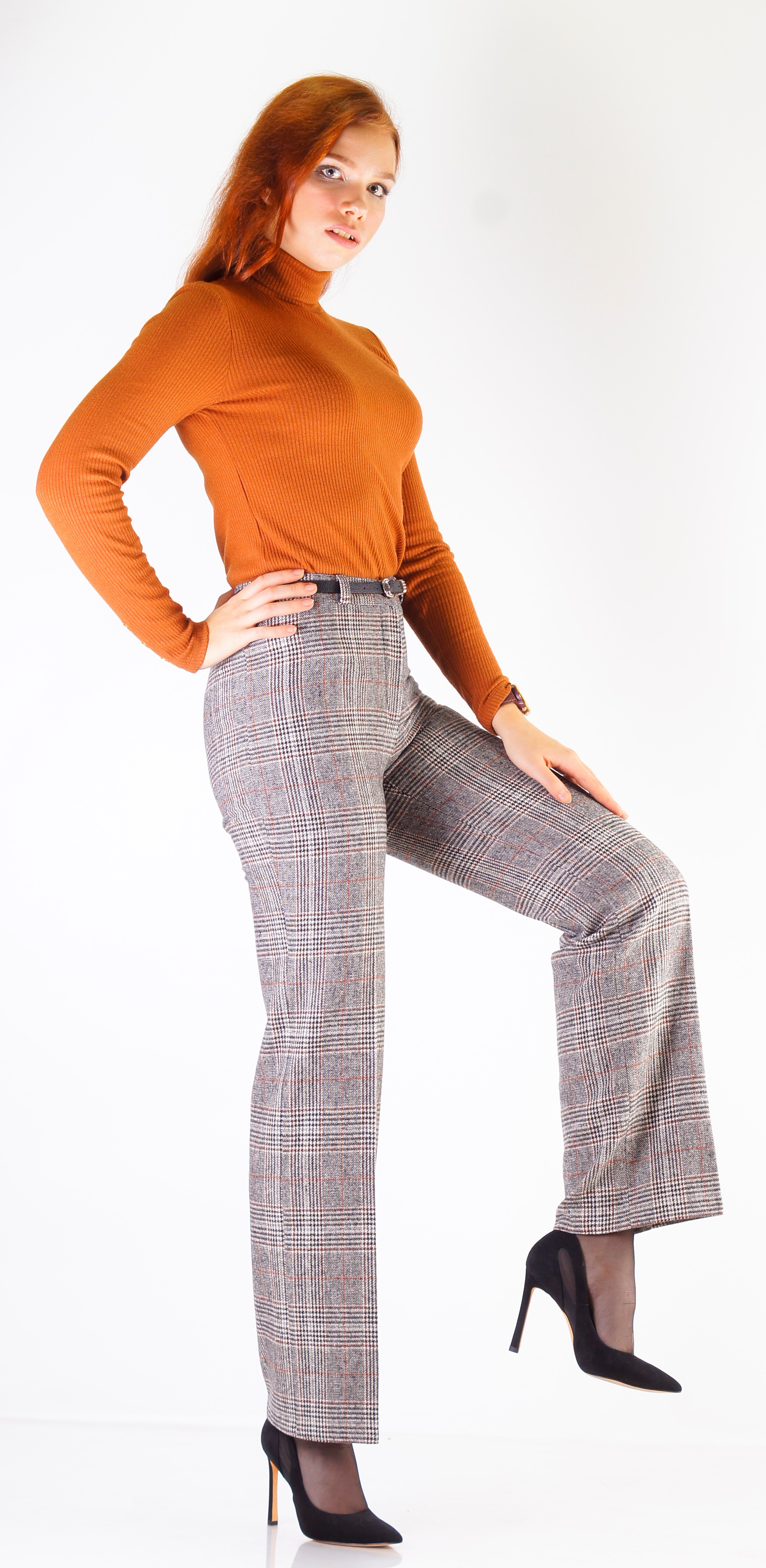 Женские брюки зима Трубы в клетку с коричневой полоской