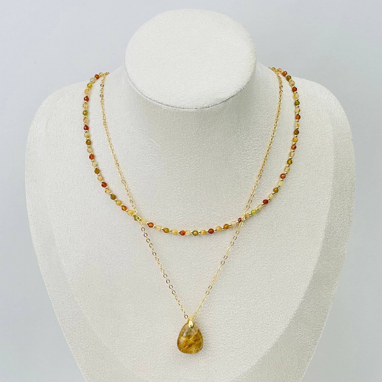 Радуга Самоцветов Колье двойное из Граната (Спессартин), Рутилового кварца и Хризолита