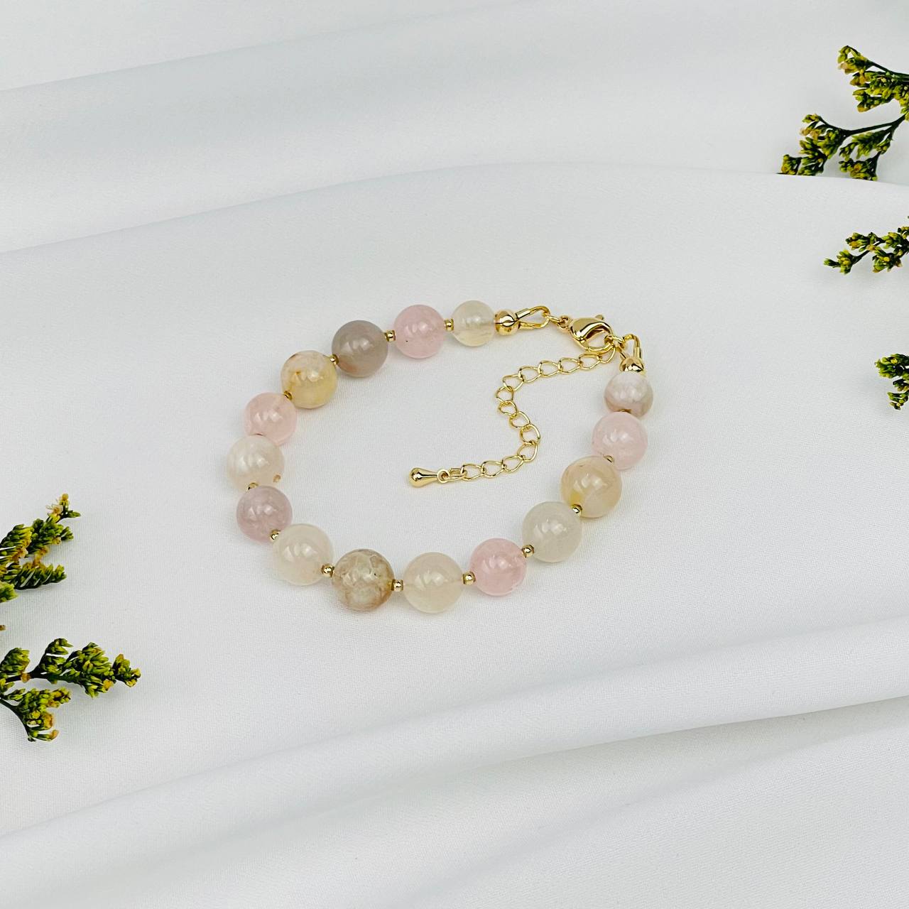 Радуга Самоцветов Браслет из цветочного Агата и Розового кварца