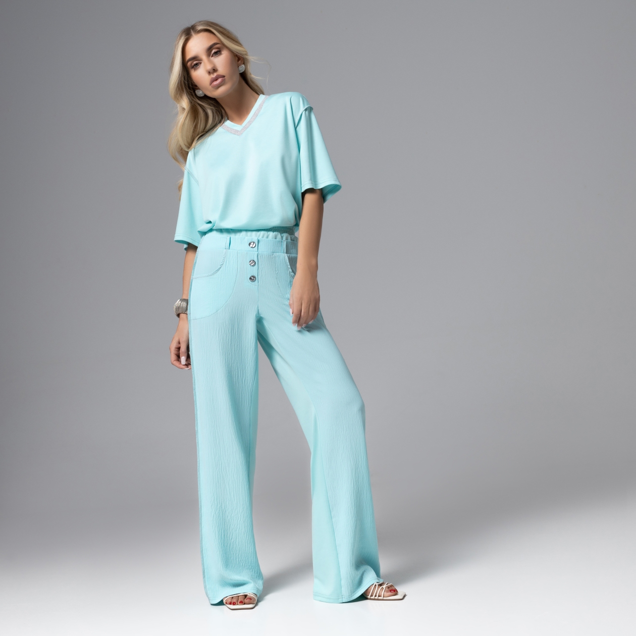 Брюки с двойным поясом, Раскованный шик (лазурные)