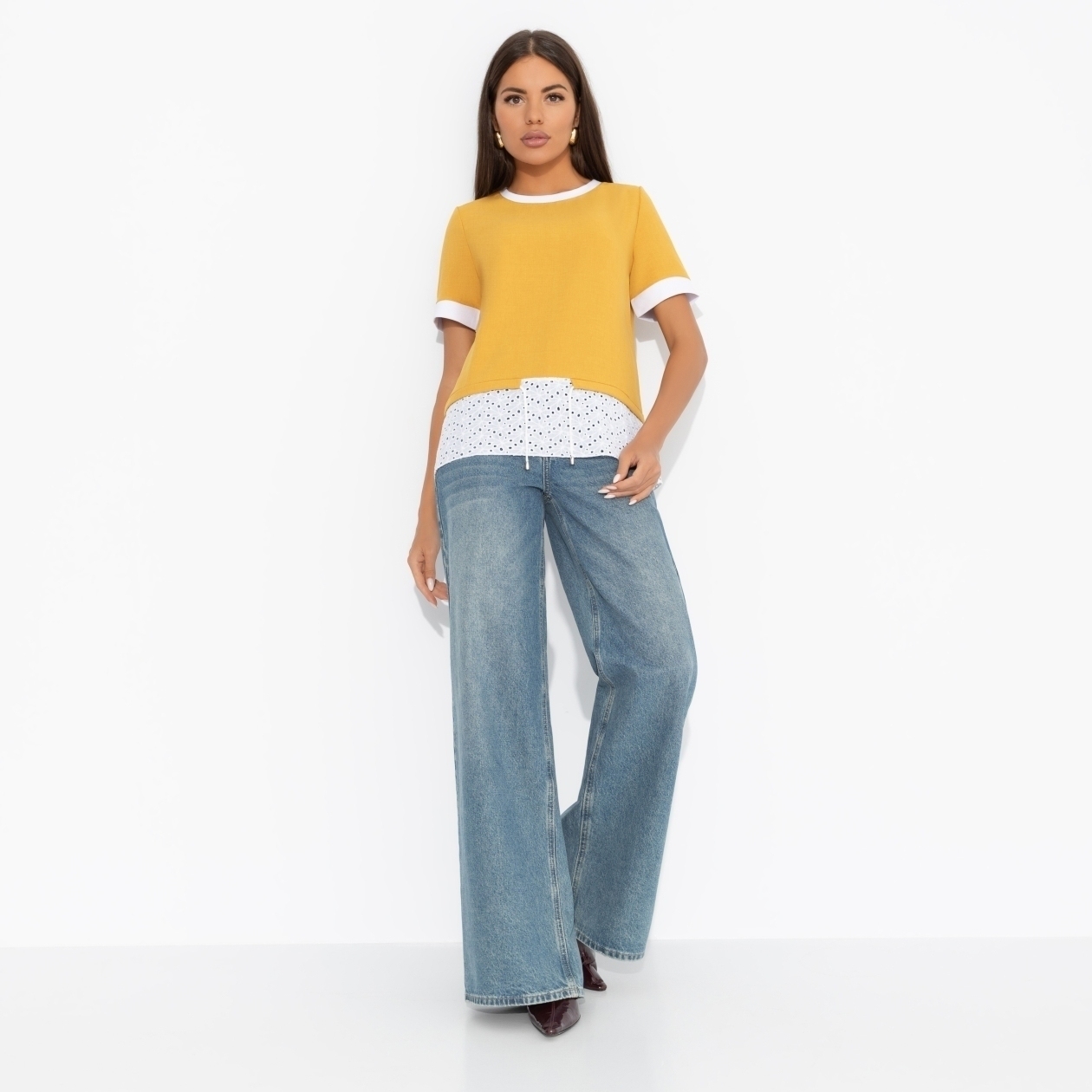 Ст.цена 1390р. Футболка комбинированная с шитьём, Романтика с перчинкой (горчичная) 00000012061 Жёлтый