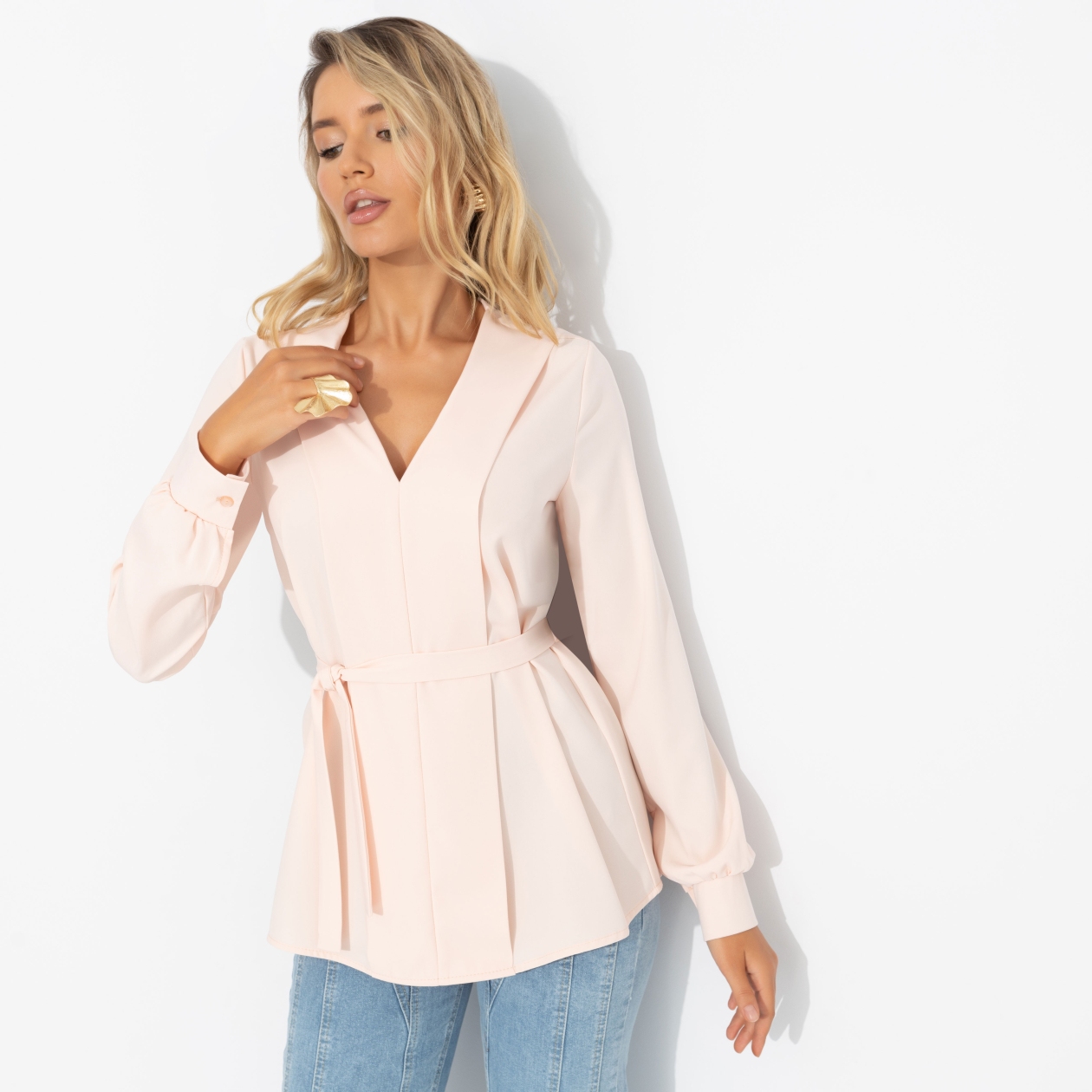 Блуза из плотного материала, Твой личный манифест (бледный персик, с поясом)