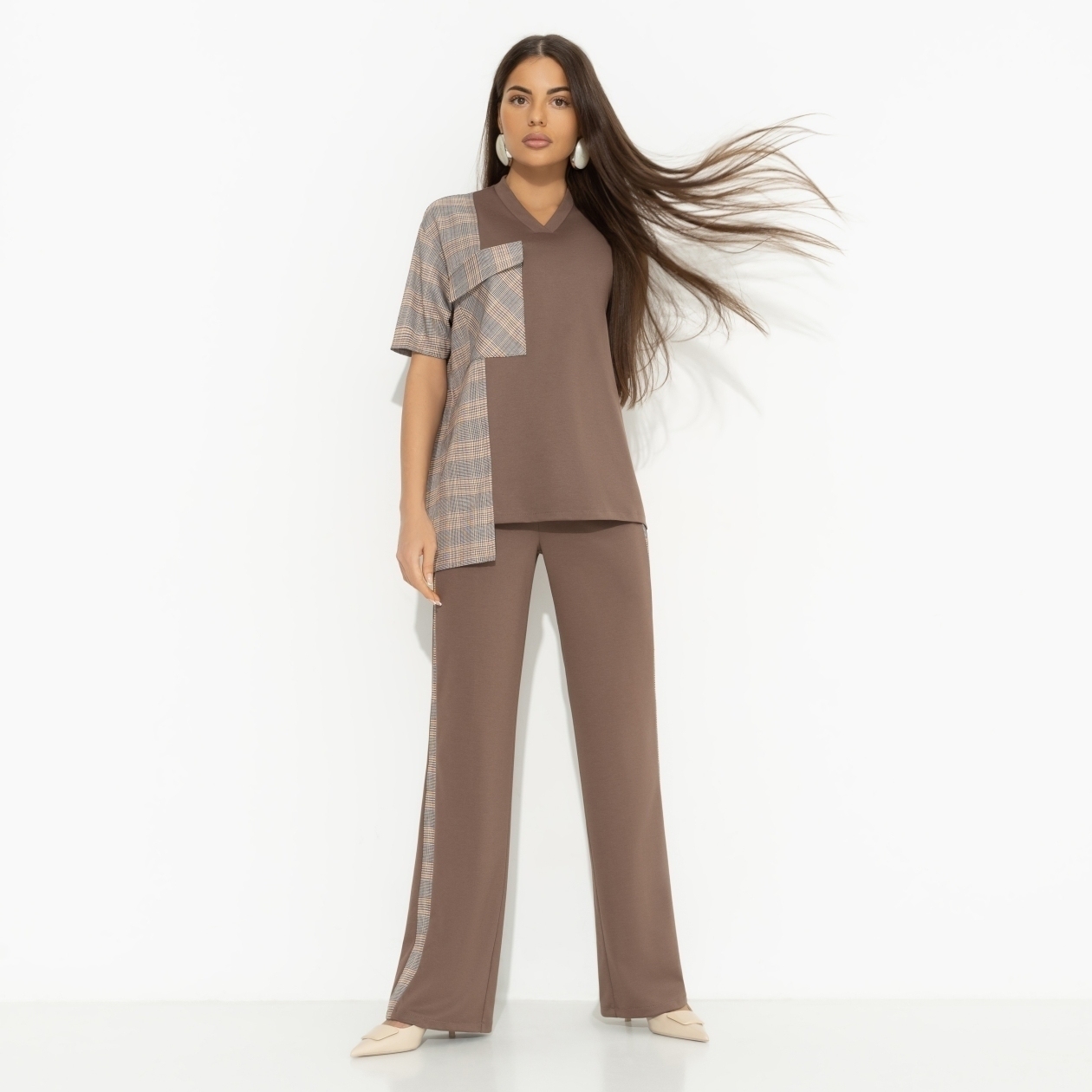 Брючный костюм с карманами, Современная утонченность (brown, 2 в 1)