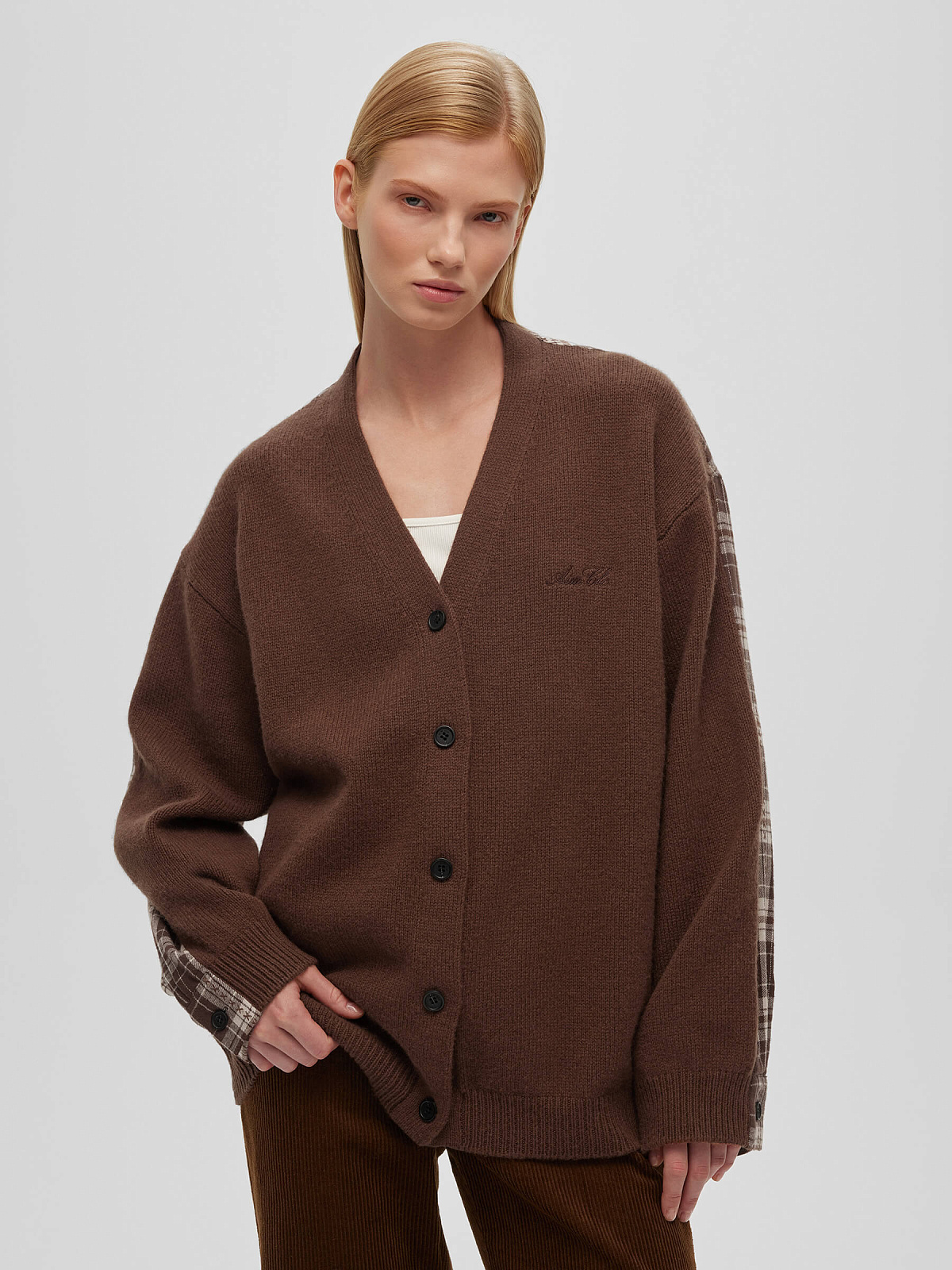 Кардиган комбинированный с шерстью и хлопком, коричневый