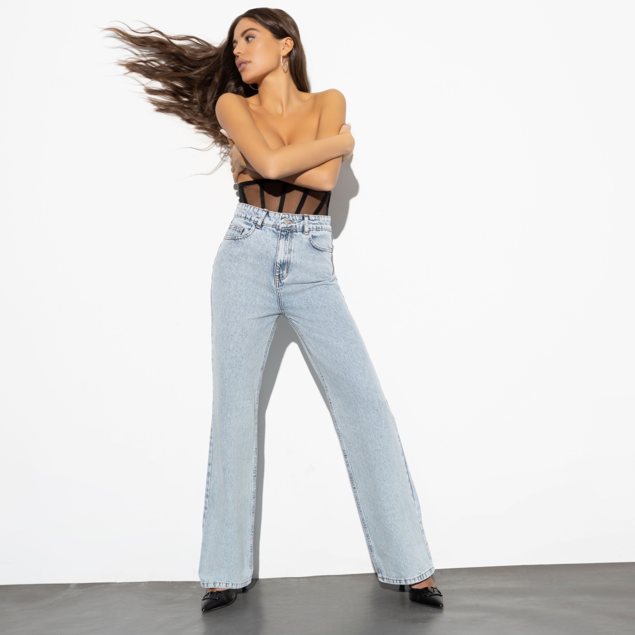 Ст.цена 3990р. Джинсы палаццо с разрезами на пуговицах, Modena (light blue)