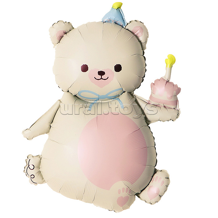 Шар (39''/99 см) Фигура, Мишка с кексиком, Кремовый, Сатин, 1 шт. в уп.
