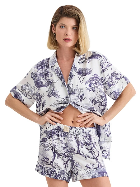 Пижама женская из шелка (жакет+шорты), цвет принт светлый toile de jouy