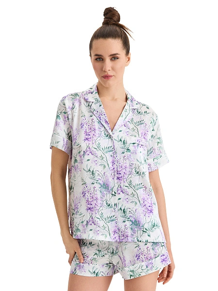 Пижама женская из шелка (жакет+шорты), цвет принт wisteria