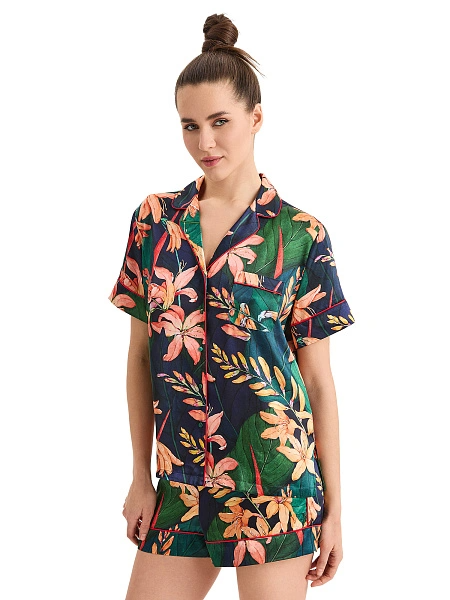 Пижама женская из шелка (жакет+шорты), цвет принт тропический