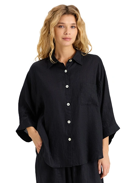 Рубашка женская c широкими рукавами серии LINEN, цвет черный