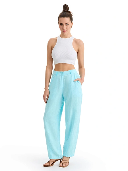 Брюки женские с карманами серии LINEN, цвет тиффани