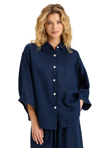 Рубашка женская c широкими рукавами серии LINEN, цвет темно-синий