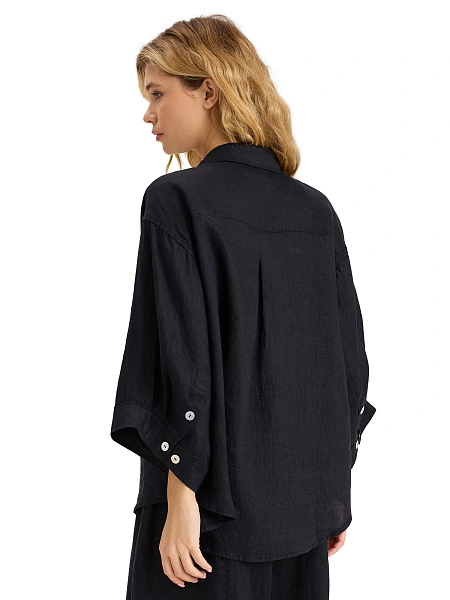 Рубашка женская c широкими рукавами серии LINEN, цвет черный