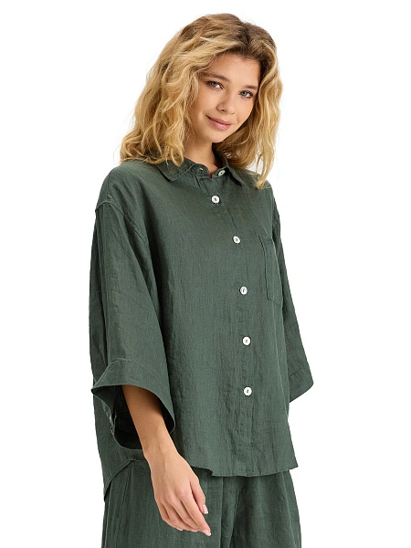 Рубашка женская c широкими рукавами серии LINEN, цвет темно-зеленый