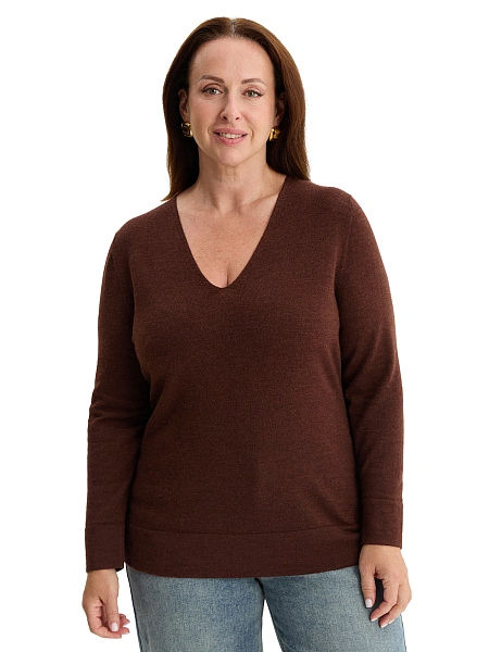 Merino Base Джемпер женский V-вырез plus size, цвет шоколад