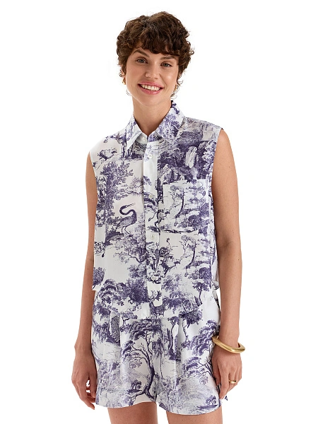 Блуза SILK женская без рукавов, цвет принт светлый toile de jouy