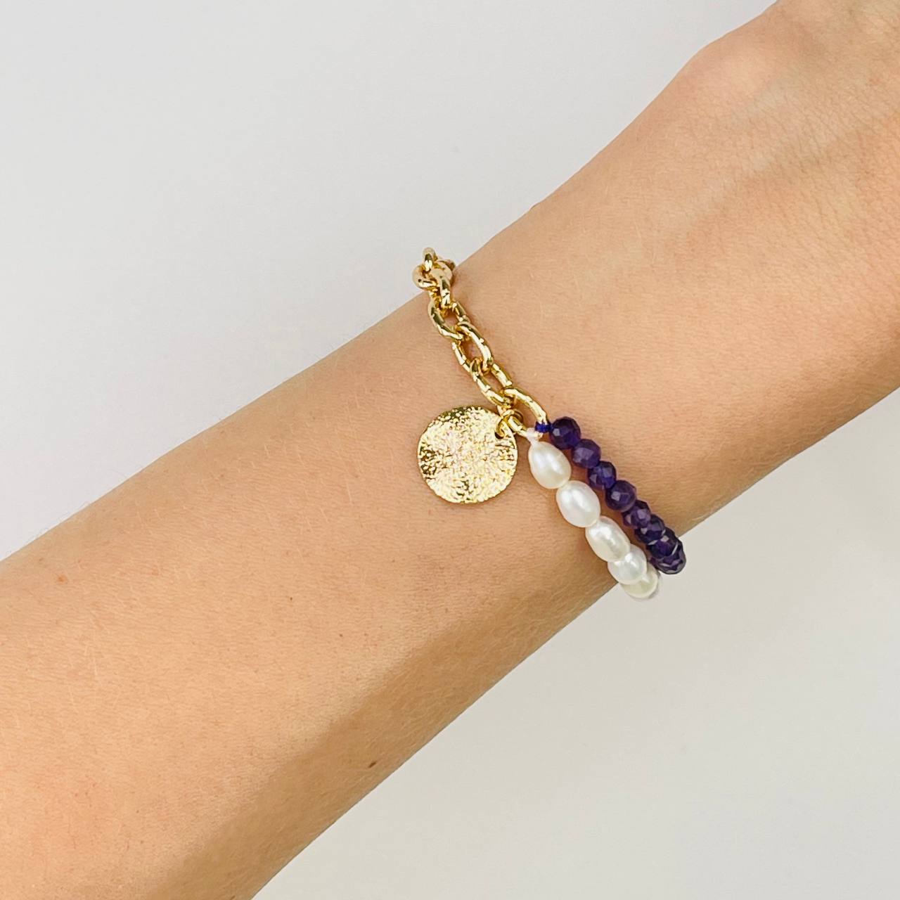 Радуга Самоцветов Браслет из Аметиста и Жемчуга с цепочкой