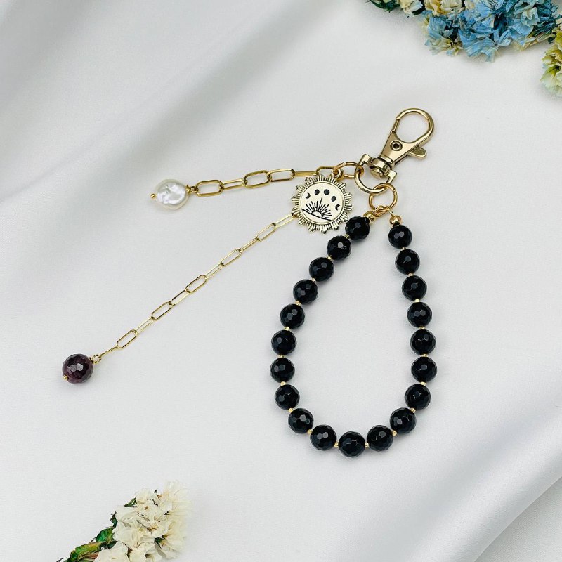 Радуга Самоцветов Брелок из черного Агата, Граната и Жемчуга