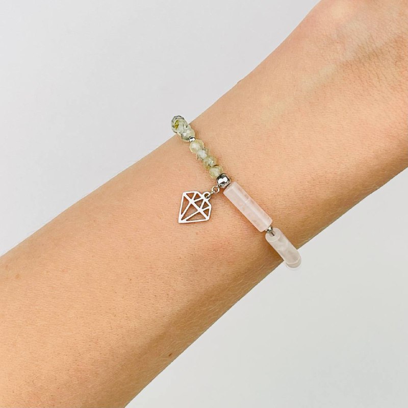 Радуга Самоцветов Браслет из Розового кварца и Пренита с подвеской