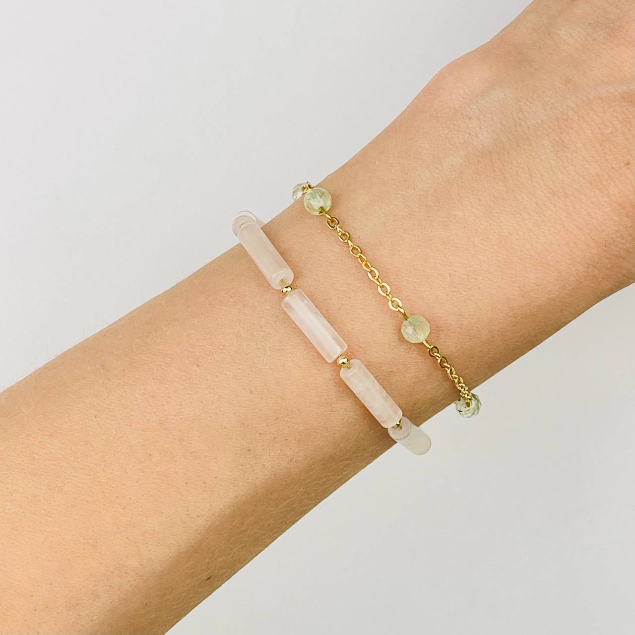 Радуга Самоцветов Браслет двойной из Розового кварца и Пренита