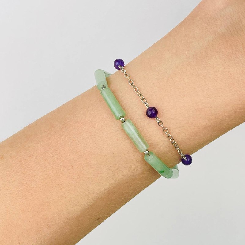 Радуга Самоцветов Браслет двойной из зеленого Кварца и Аметиста