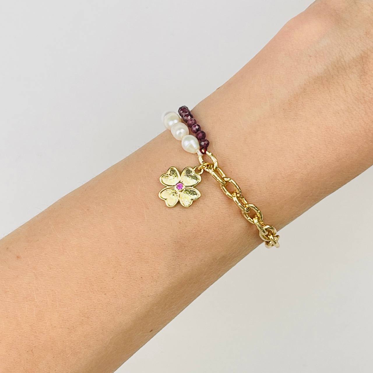 Радуга Самоцветов Браслет из Граната и Жемчуга с цепочкой