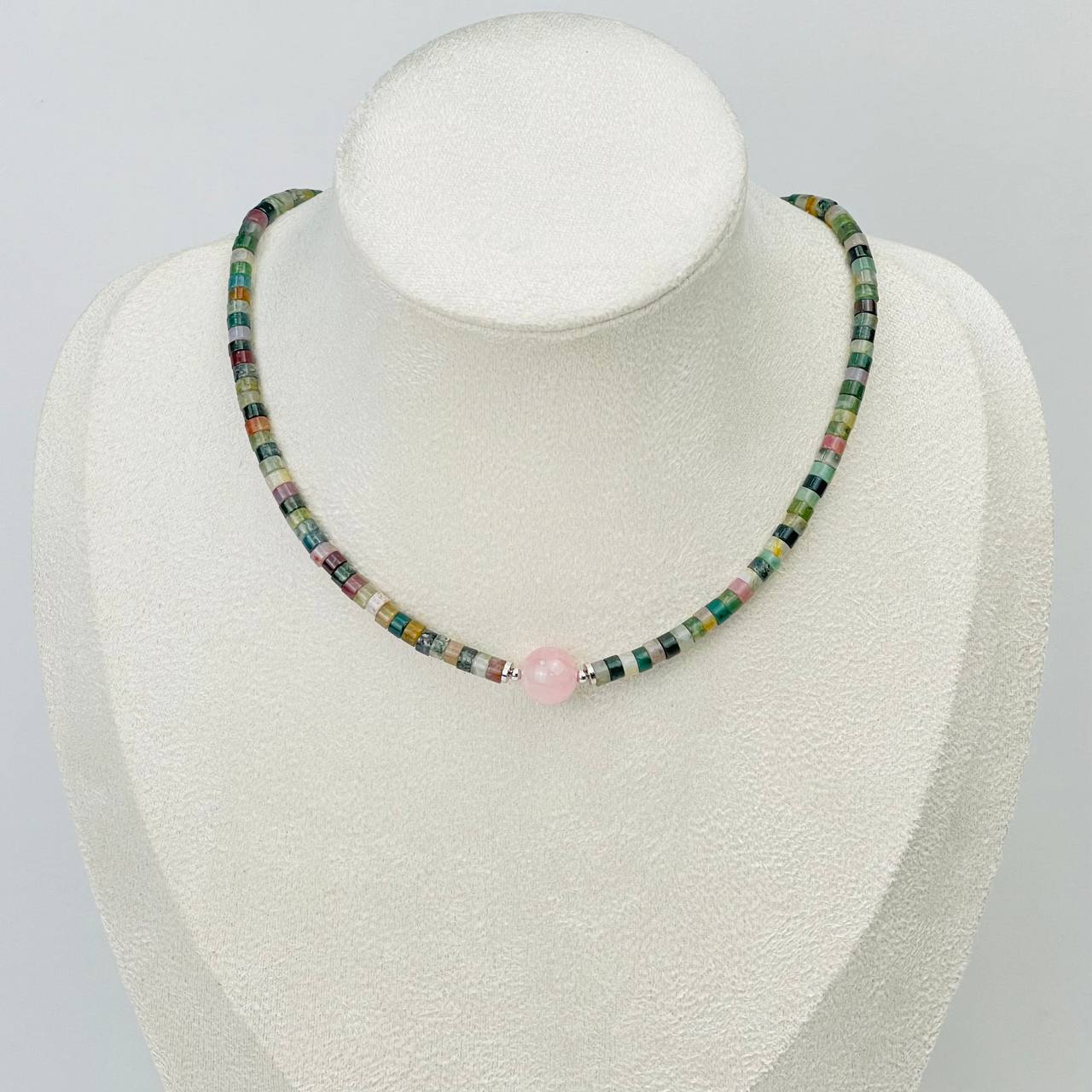 Радуга Самоцветов Чокер из Мохового агата и Розового кварца