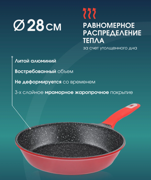 АКЦИЯ 1135р. 2500р.Сковорода WR-8193 28 см. RED PRINCESS с мраморным покр.