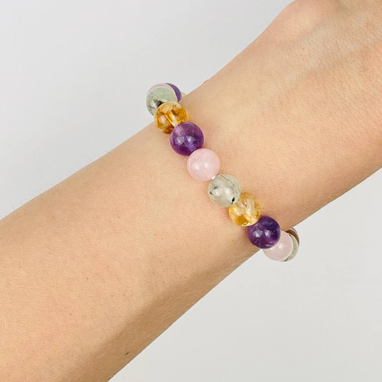 Радуга Самоцветов Браслет из Пренита, Аметиста, Розового кварца и Цитрина