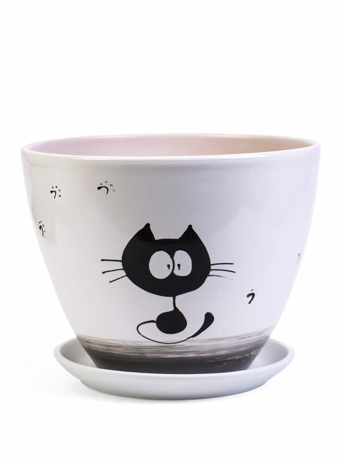 Горшок для цветов «Котофей», 8 л, d=29.5 см, h=23 см, керамика, с поддоном, белый