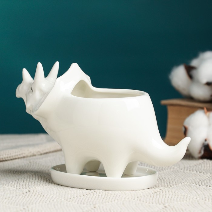 Декоративный горшок для цветов «Трицератопс», 150 мл, 15.7×6.2×9.1 см, керамический, с поддоном, белый, Greengo