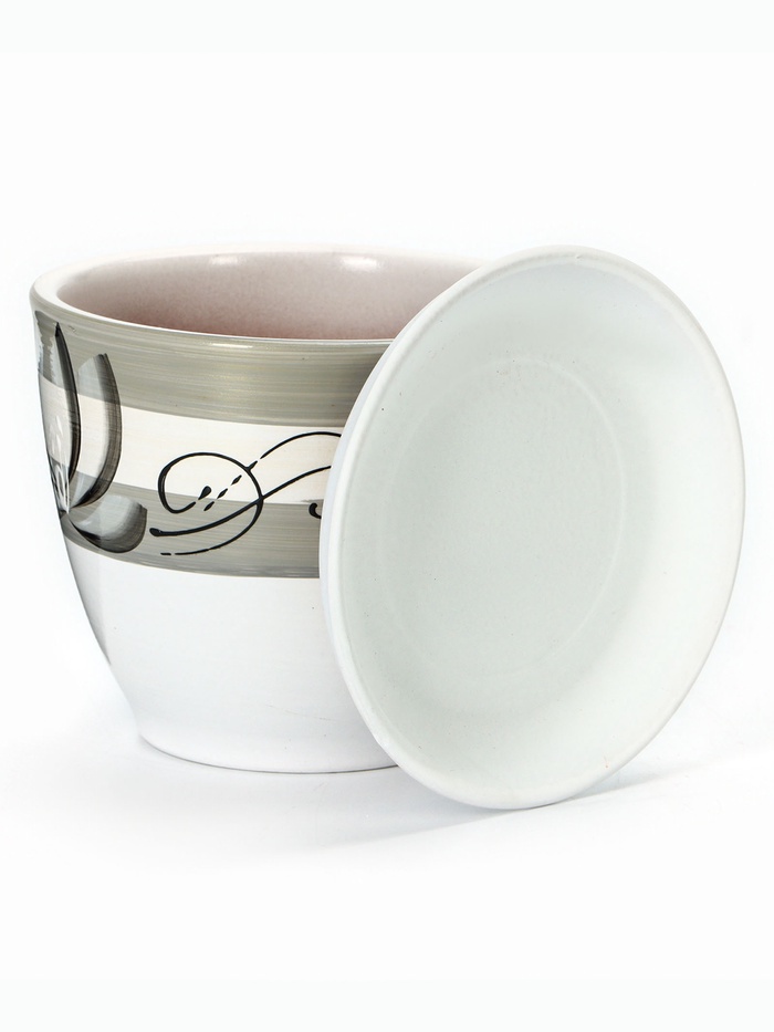 Горшок для цветов «Лотос», керамический, с поддоном, 1.1 л, белый с зелёными полосками