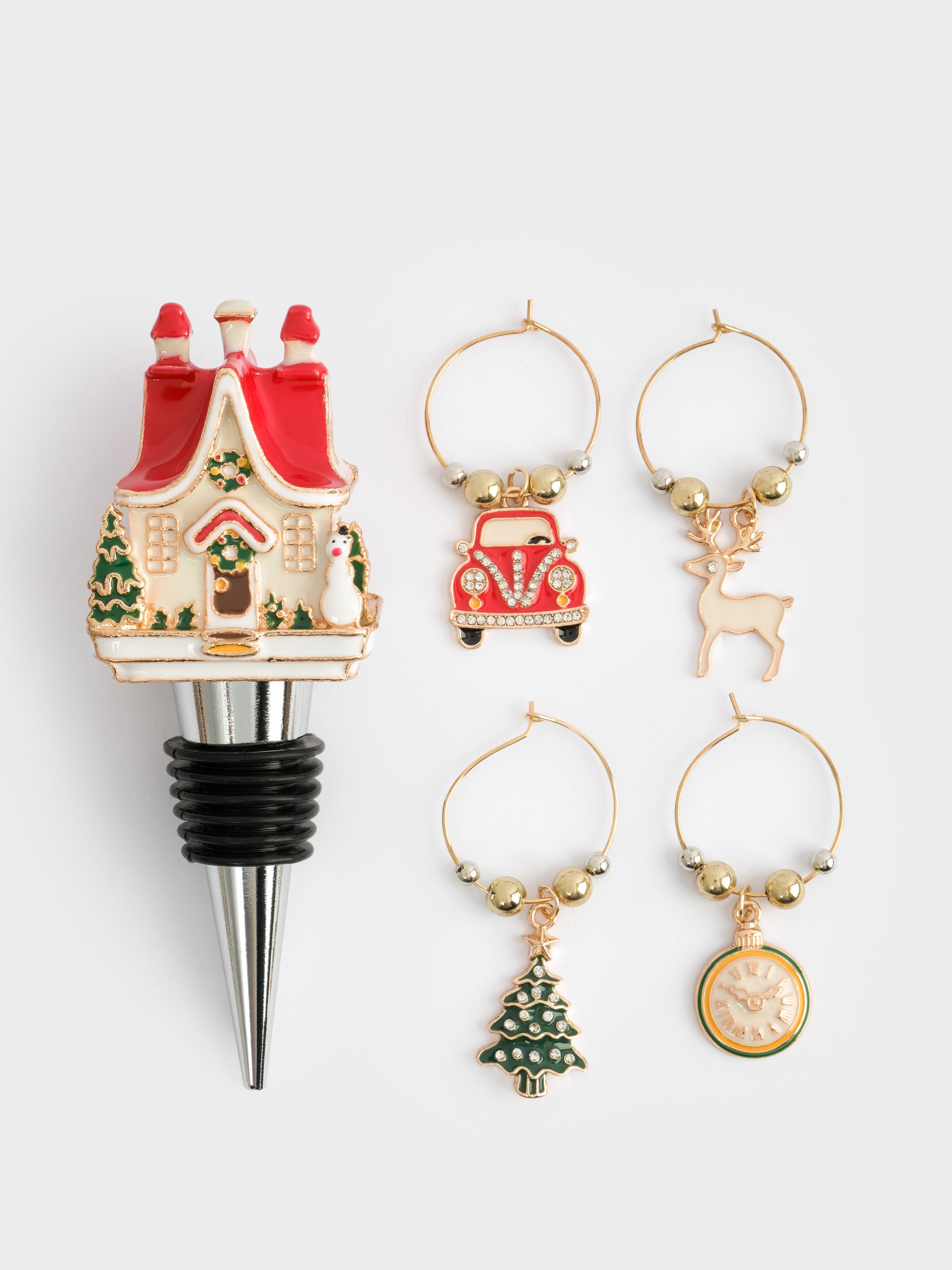 Пробка для винной бутылки с подвесками, 5 пр, металл/бусины, Домик в снегу, New year
