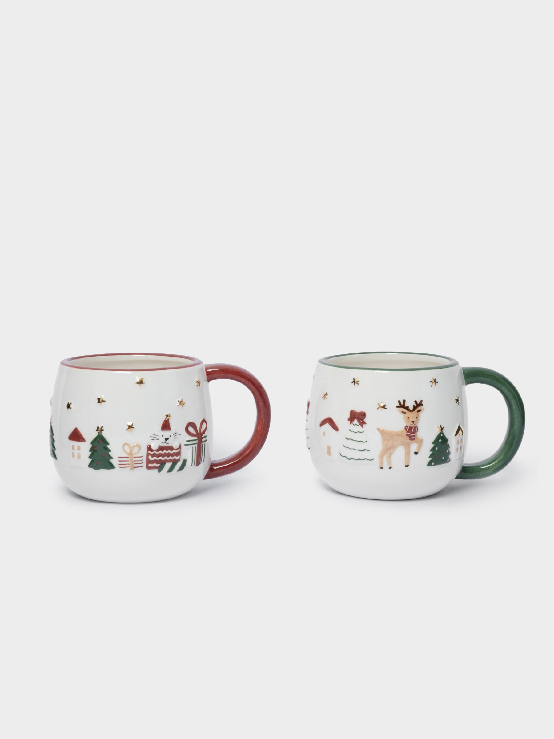Кружка, 400 мл, 2 шт, керамика, зеленая/красная, Олень и Кот, New year