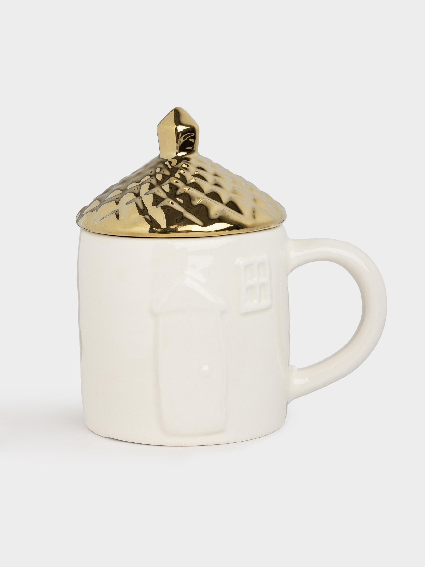 Кружка, 400 мл, с крышкой, керамика, молочно-золотистая, Дом, Townlet