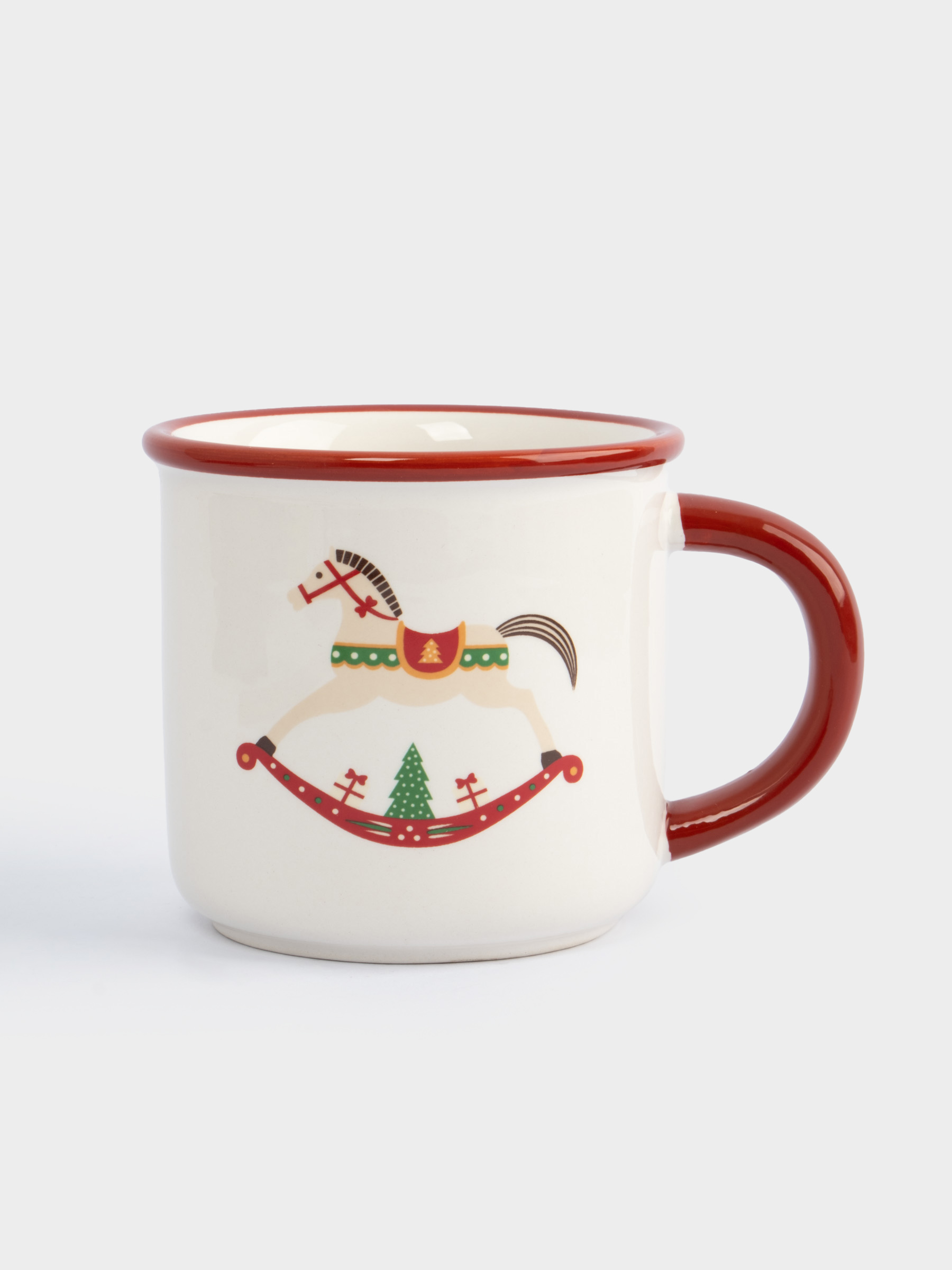 Кружка, 470 мл, с ложкой, керамика/сталь, красная, Елка/Лошадка-качалка, Bright horse